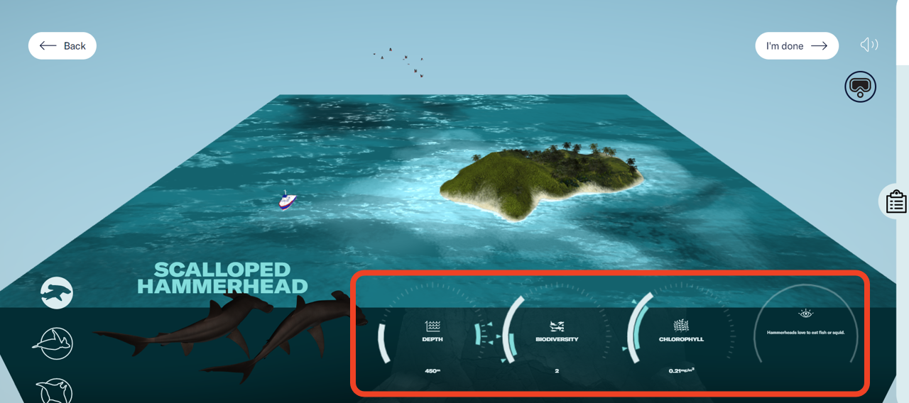The experience’s map and information panel. On the right side of the panel are gauges providing information about the dive site. The gauges are highlighted. - click to enlarge The experience’s map and information panel. On the right side of the panel are gauges providing information about the dive site. The gauges are highlighted.