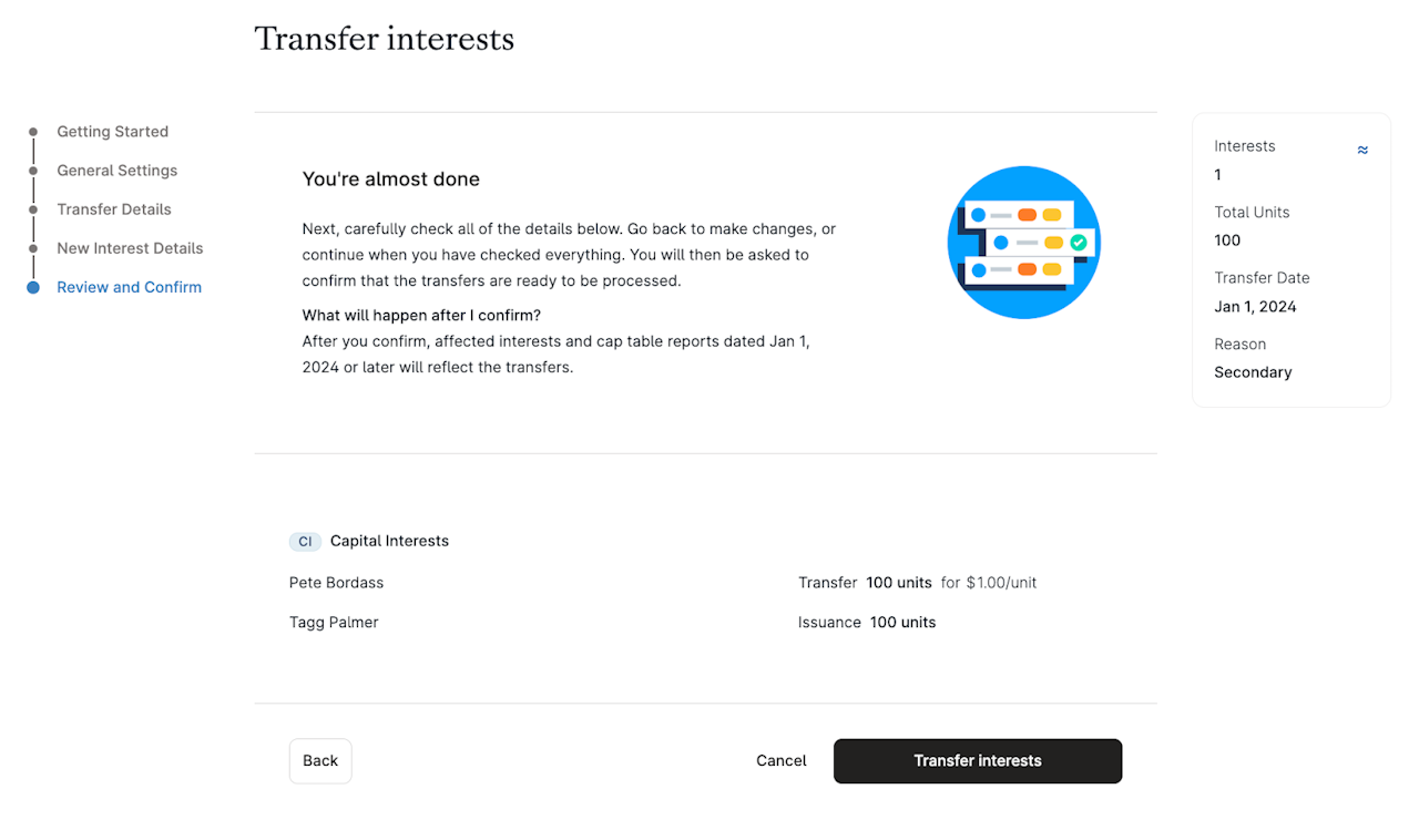 Review the details and click Transfer interests to complete the action - click to enlarge Review the details and click Transfer interests to complete the action