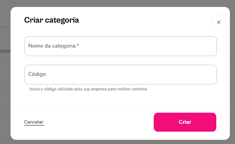 Imagem do menu de criar categoria na plataforma.