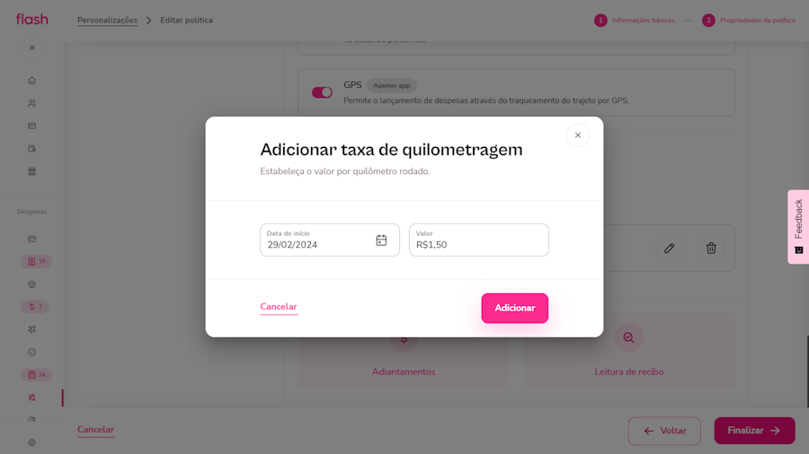 Configurar politica de despesas. Tela para acionar a taxa de quilometragem