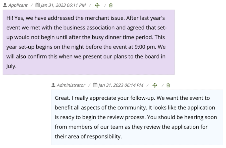 Image of the two comments on an application, one by the permit manager, and a reply by the applicant