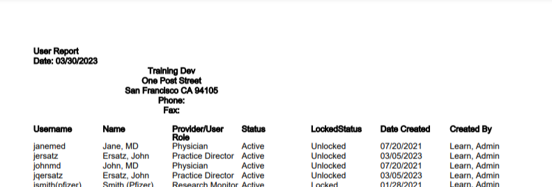 A printed view of the User Report - click to enlarge A printed view of the User Report