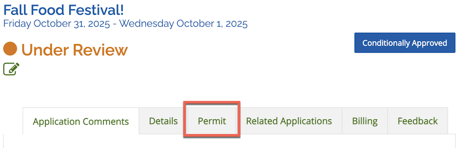 The upper portion of the submitted application with the Permit tab highlighted