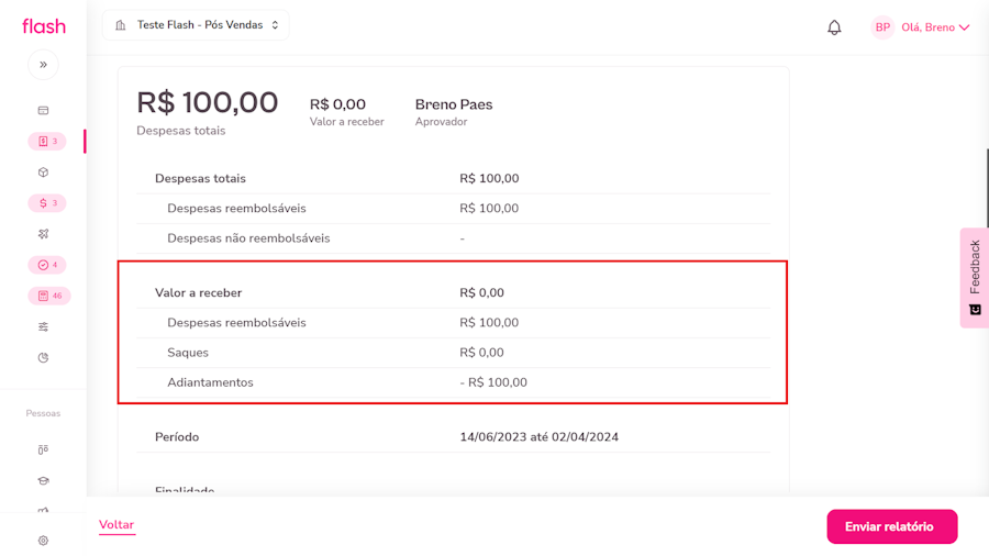 Imagem exemplo com destaque para a despesa exemplo criada.