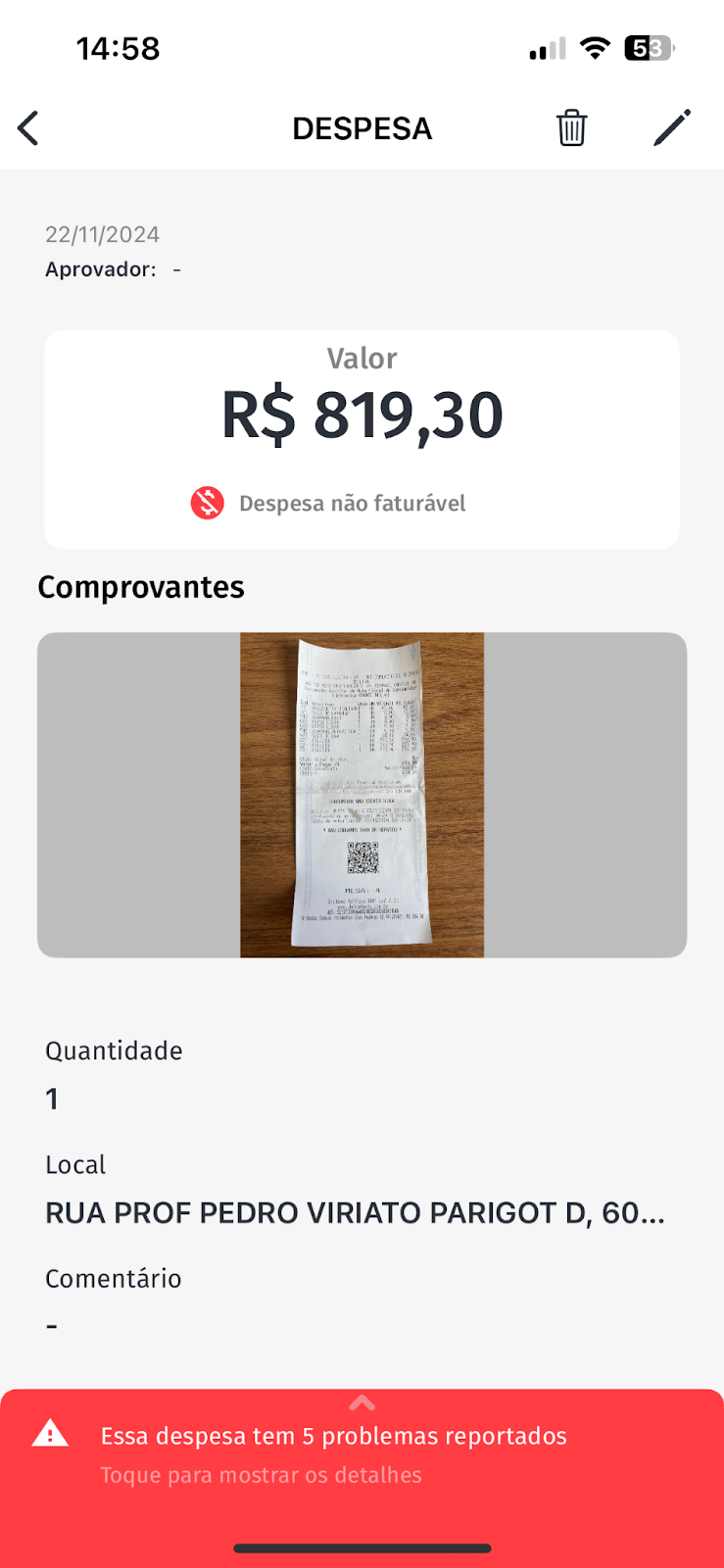 Visão de despesa com alguns campos preenchidos.