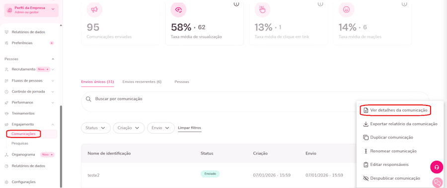Gif com instruções para analisar uma comunicação criada e performance