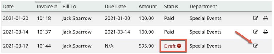 List of invoices with one invoice showing the Draft status with an arrow pointing at the Edit icon.