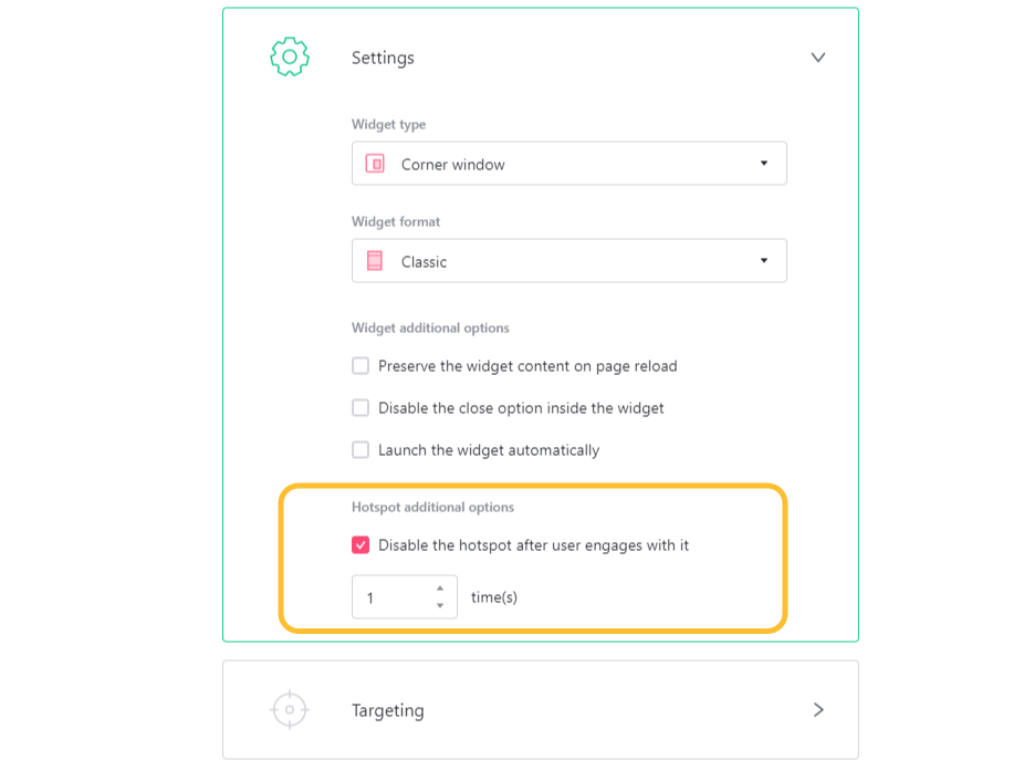 Widget settings with the 'Disable the hotspot after user engages with it' option selected - click to enlarge Widget settings with the 'Disable the hotspot after user engages with it' option selected