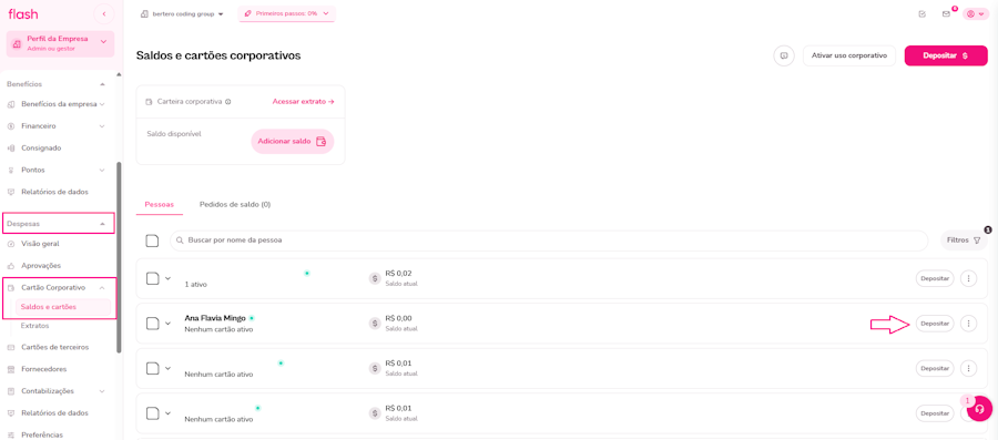 tela de depósito de cartão corporativo