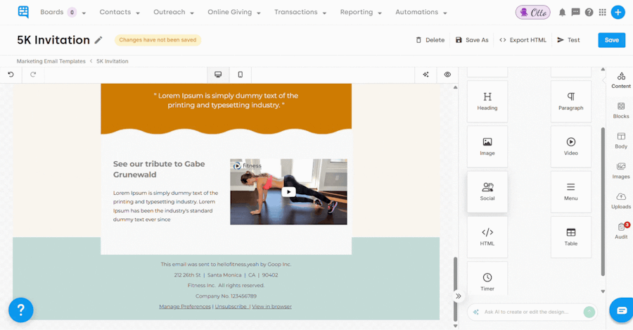 Adding a Social Media element to a Template