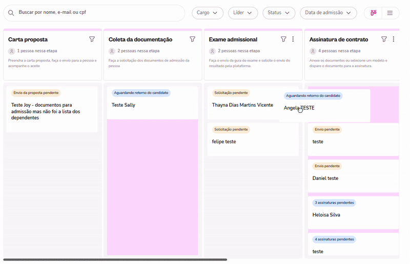 Gif exemplo com candidato sendo arrastado para outra etapa no fluxo de admissão