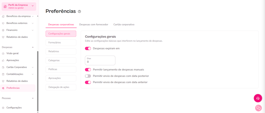 Imagem do menu de preferências da plataforma.