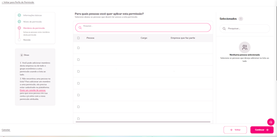 imagem da plataforma com destaque para uma tela exemplo para selecionar os futuros administradores