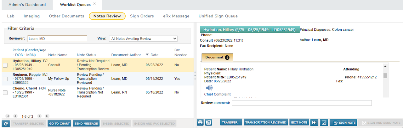 The Notes Review worklist queue - click to enlarge The Notes Review worklist queue