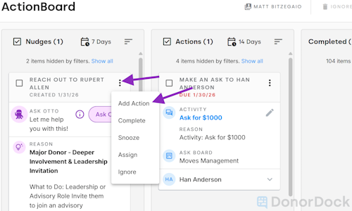 Nudge options, including add action, complete, snooze, assign, or ignore