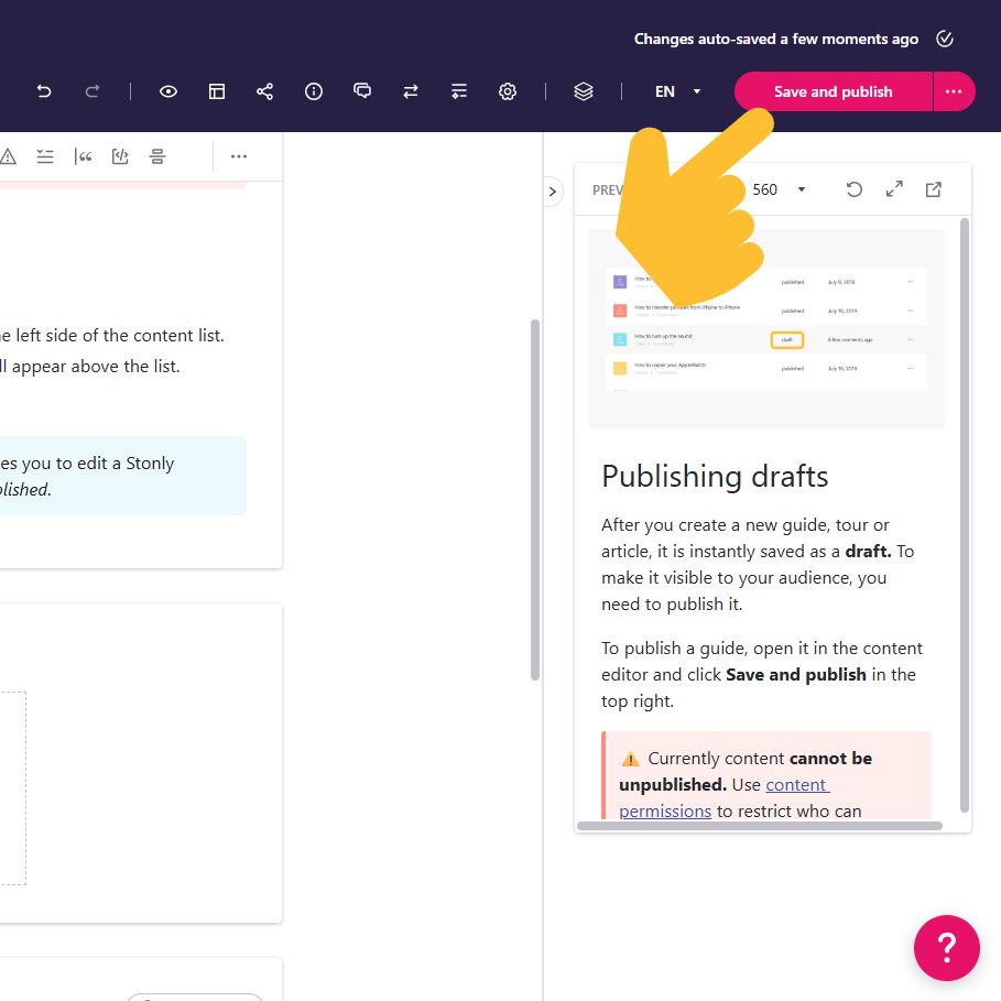 Save and publish button in the content editor. - click to enlarge Save and publish button in the content editor.