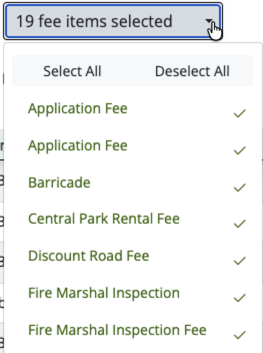 Shows the Fee Item dropdown with several fees selected.