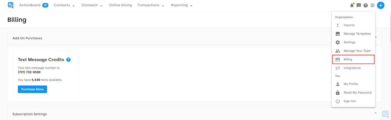 TOP OF BILLING PAGE WITH OPTIONS FOR ADD ON PURCHASES AND SUBSCRIPTION SETTINGS, WITH SETTINGS MENU AND BILLING HIGHLIGHTED IN RED - click to enlarge TOP OF BILLING PAGE WITH OPTIONS FOR ADD ON PURCHASES AND SUBSCRIPTION SETTINGS, WITH SETTINGS MENU AND BILLING HIGHLIGHTED IN RED