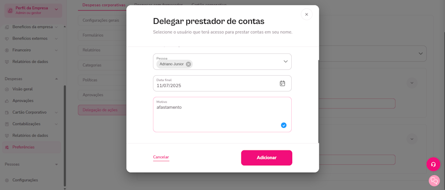 Imagem da opção de delegação antes de adicionar.