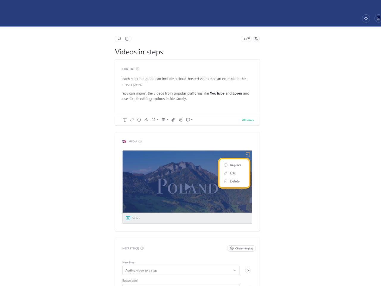 Video editing dropdown menu open. - click to enlarge Video editing dropdown menu open.