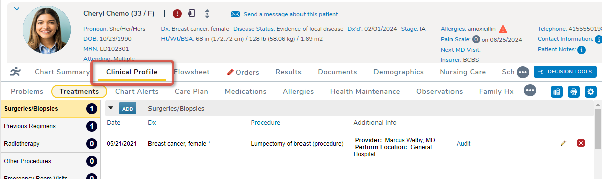The Chart with the Patient Banner open and the Clinical Profile chart tab selected and highlighted - click to enlarge The Chart with the Patient Banner open and the Clinical Profile chart tab selected and highlighted