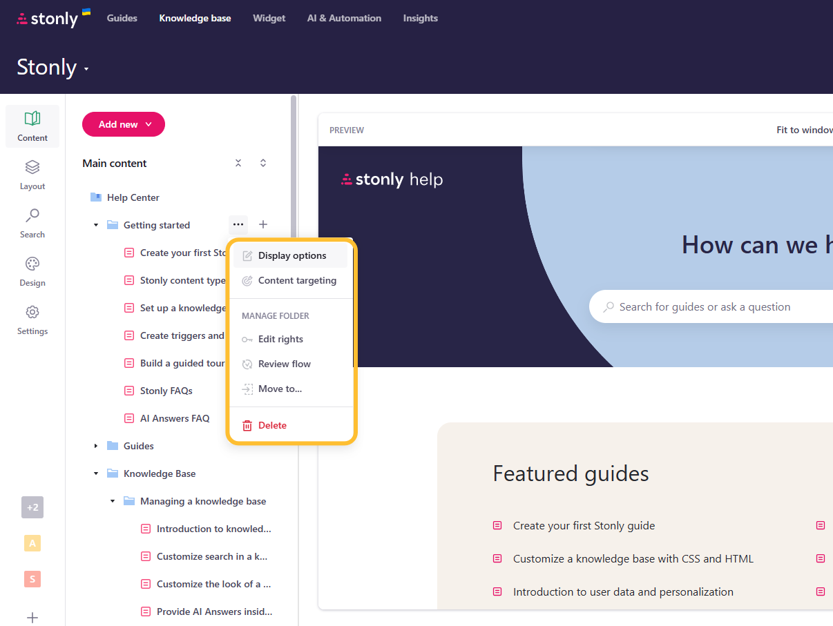 Folder options menu highlighted in the knowledge base settings. - click to enlarge Folder options menu highlighted in the knowledge base settings.