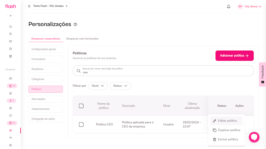 Política de despesas corporativas. Fase de Edição da política