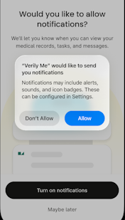 iOS notification permission dialog asking "Would you like to allow notifications?" with Don't Allow and Allow buttons, and Turn on notifications button below