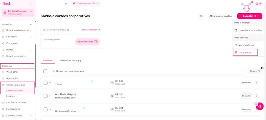 Pedido por planilha no cartão corporativo