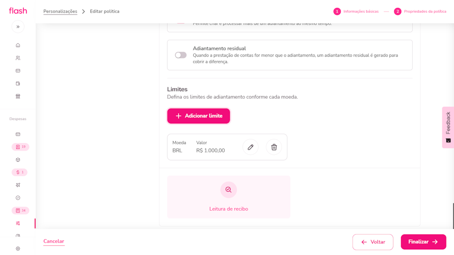 Configurar politica de despesa. Definição das regras para validação dos comprovantes que serão anexados às despesas.