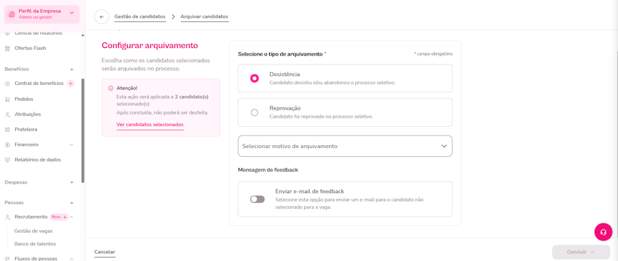 imagem exemplo para arquivar candidato na visão de lista