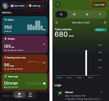 Left: Verily Me homepage Metrics section with Add Log button highlighted in top right corner and Meal logs tile shown. Right: Meal log page with Log meal button highlighted in top right corner, showing date toggle and total calories of 680 kcal.
