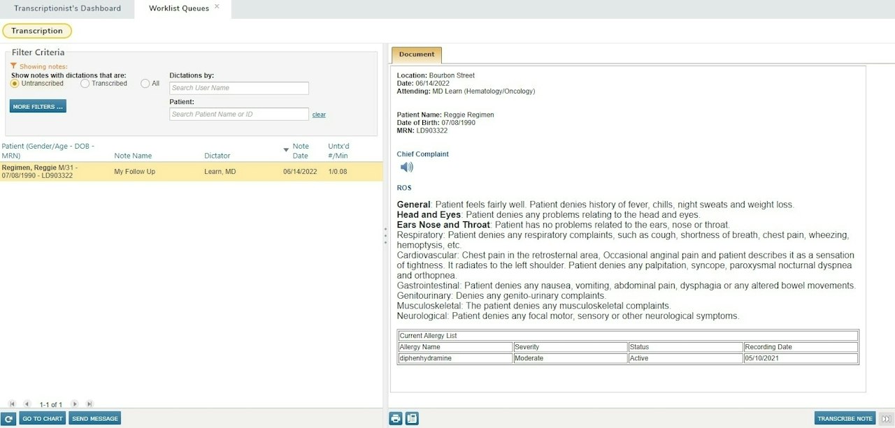 The Transcription Queue with a note selected on the left and displayed on the right - click to enlarge The Transcription Queue with a note selected on the left and displayed on the right