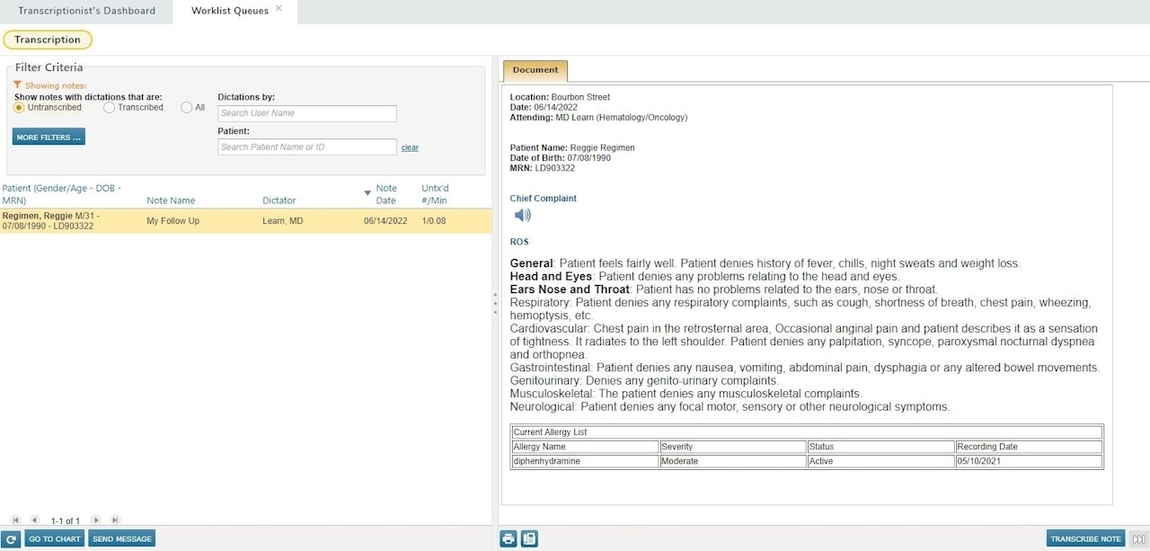 The Transcription Queue with a note selected on the left and displayed on the right - click to enlarge The Transcription Queue with a note selected on the left and displayed on the right