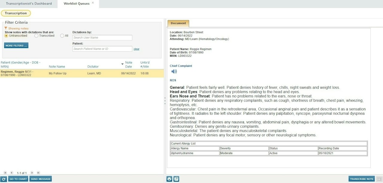 The Transcription Queue with a note selected on the left and displayed on the right - click to enlarge The Transcription Queue with a note selected on the left and displayed on the right