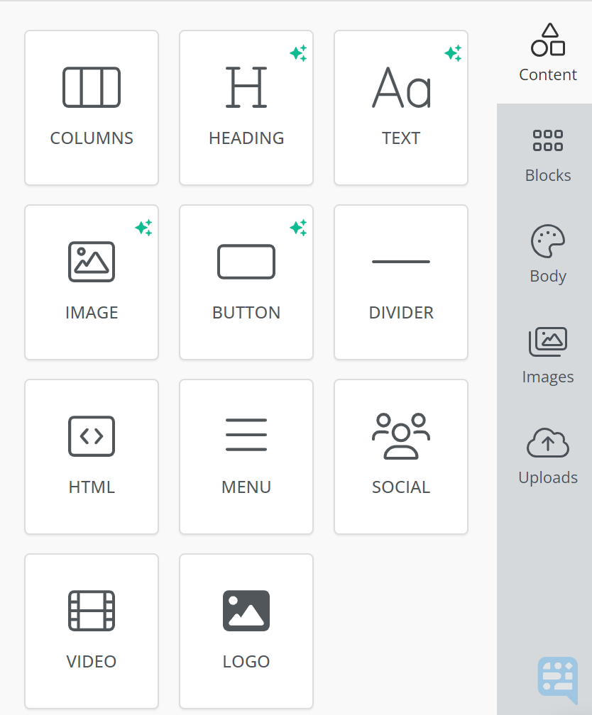 TEMPLATE TOOLS AND ELEMENT COTENTS IN THE EDITOR: TILES FOR COLUMNS, HEADING, TEXT, IMAGE, BUTTON, DIVIDER, HTML, MENU, SOCIAL, VIDEO, AND LOGO WITH FURTHER CATEGORIES FOR CONTENT, BLOCKS, BODY, IMAGES, AND UPLOADS - click to enlarge TEMPLATE TOOLS AND ELEMENT COTENTS IN THE EDITOR: TILES FOR COLUMNS, HEADING, TEXT, IMAGE, BUTTON, DIVIDER, HTML, MENU, SOCIAL, VIDEO, AND LOGO WITH FURTHER CATEGORIES FOR CONTENT, BLOCKS, BODY, IMAGES, AND UPLOADS