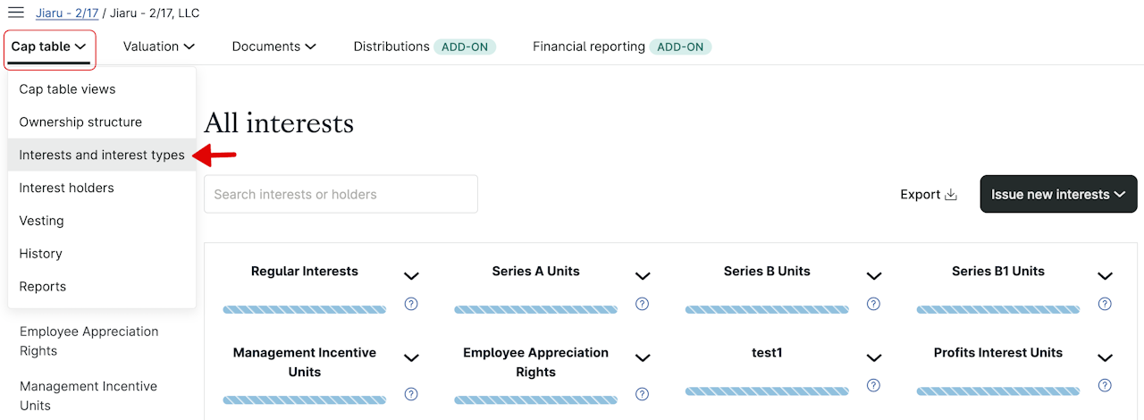 Go to Cap table → Interests and interest types - click to enlarge Go to Cap table → Interests and interest types