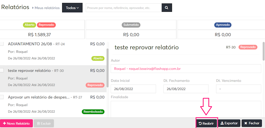 imagem da plataforma com destaque para o menu reabrir em um relatório exemplo.