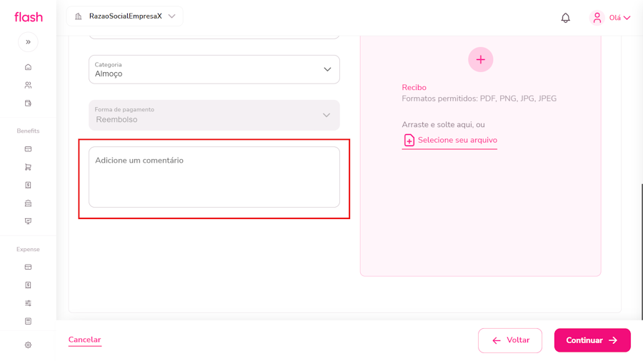 imagem exemplo do campo de comentário via web