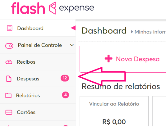 Imagem da plataforma com foco no menu de Despesa.
