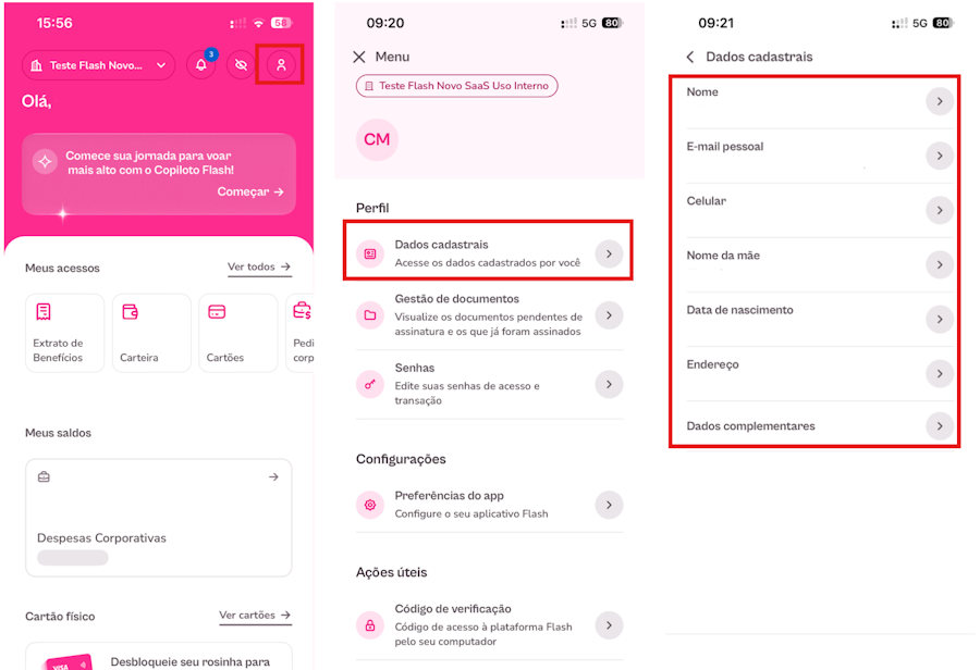 Imagem mostra passo a passo para alterar dados do cadastro no app