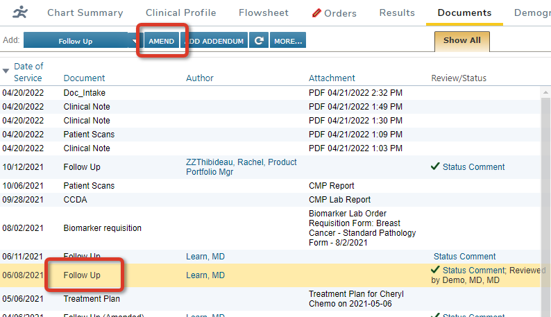 The Documents chart tab with a Note selected and highlighted and the Amend button highlighted - click to enlarge The Documents chart tab with a Note selected and highlighted and the Amend button highlighted