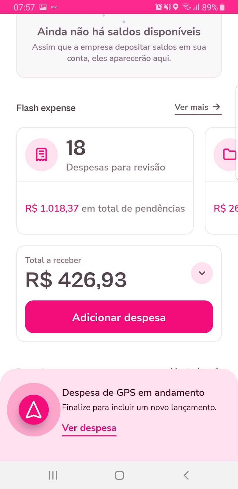 Imagem do aplicativo com o menu de despesa GPS em andamento