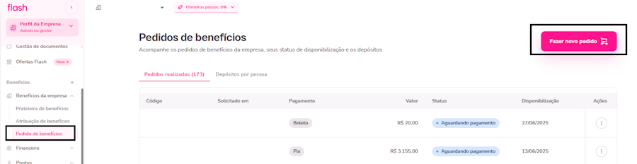 imagem da plataforma com destaque ao menu de pedido e o botão fazer novo pedido