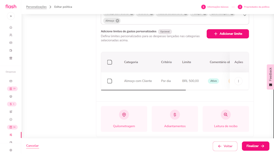 Configurar politica de despesa. Tela para clicar no menu quilometragem