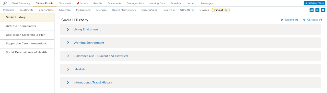The Patient Hx tab showing the Social History section - click to enlarge The Patient Hx tab showing the Social History section