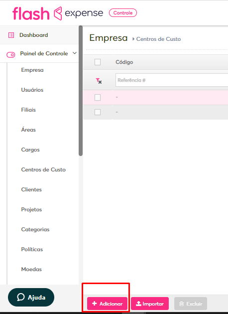 Imagem com foco no botão adicionar centros de custo.