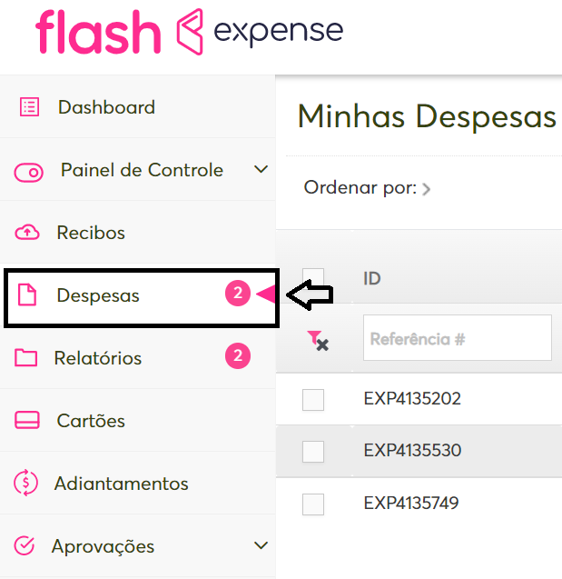 imagem da plataforma com destaque para o menu de despesas