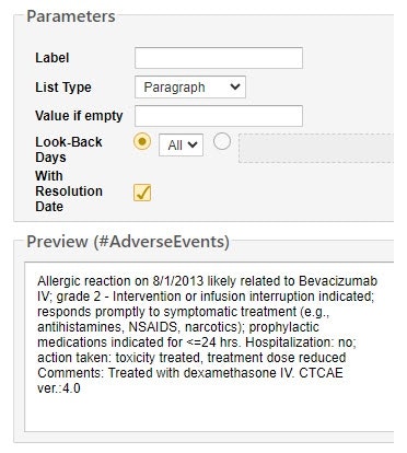 Parameters and Preview of the #AdverseEvents macro - click to enlarge Parameters and Preview of the #AdverseEvents macro