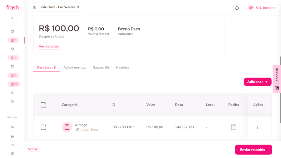 Imagem de uma despesa exemplo criada